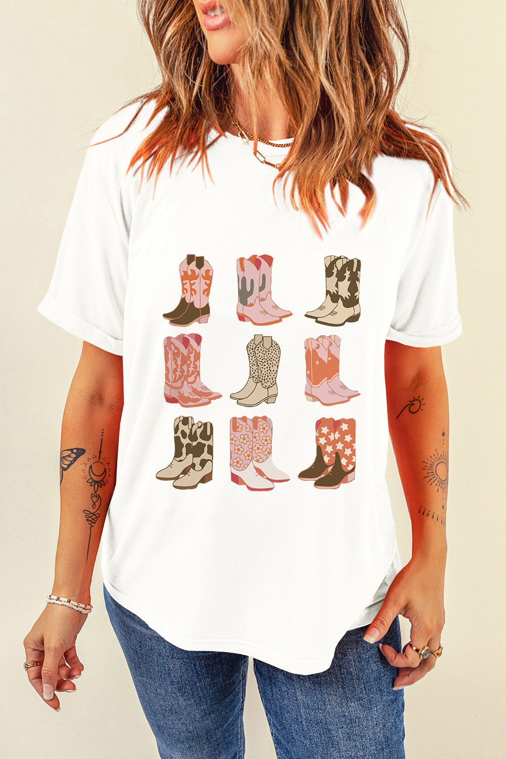 White Western Cowboy Boots Print Round Neck T Shirt - loveforevers