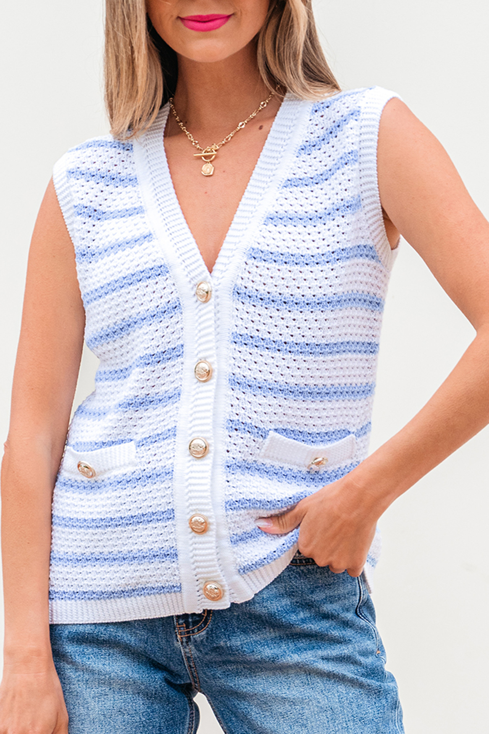 Sky Blue Stripe V Neck Gold Buttons Elegant Sweater Vest - loveforevers