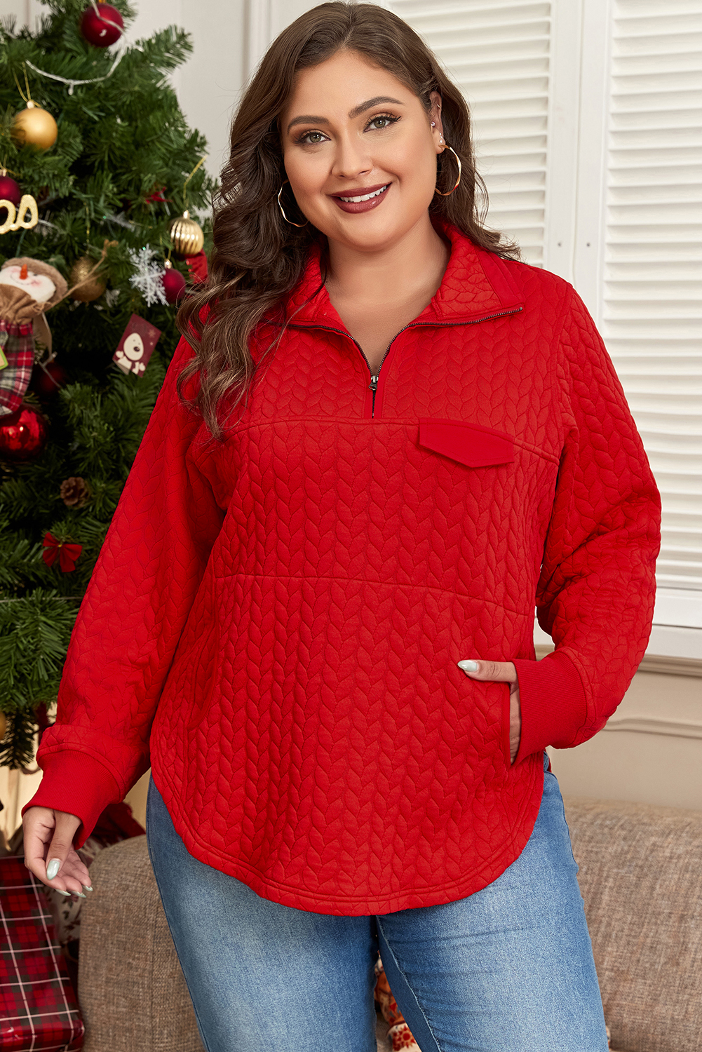 Tomato Red Cable Textured Quarter Zip Pocketed Plus Size Pullover - loveforevers