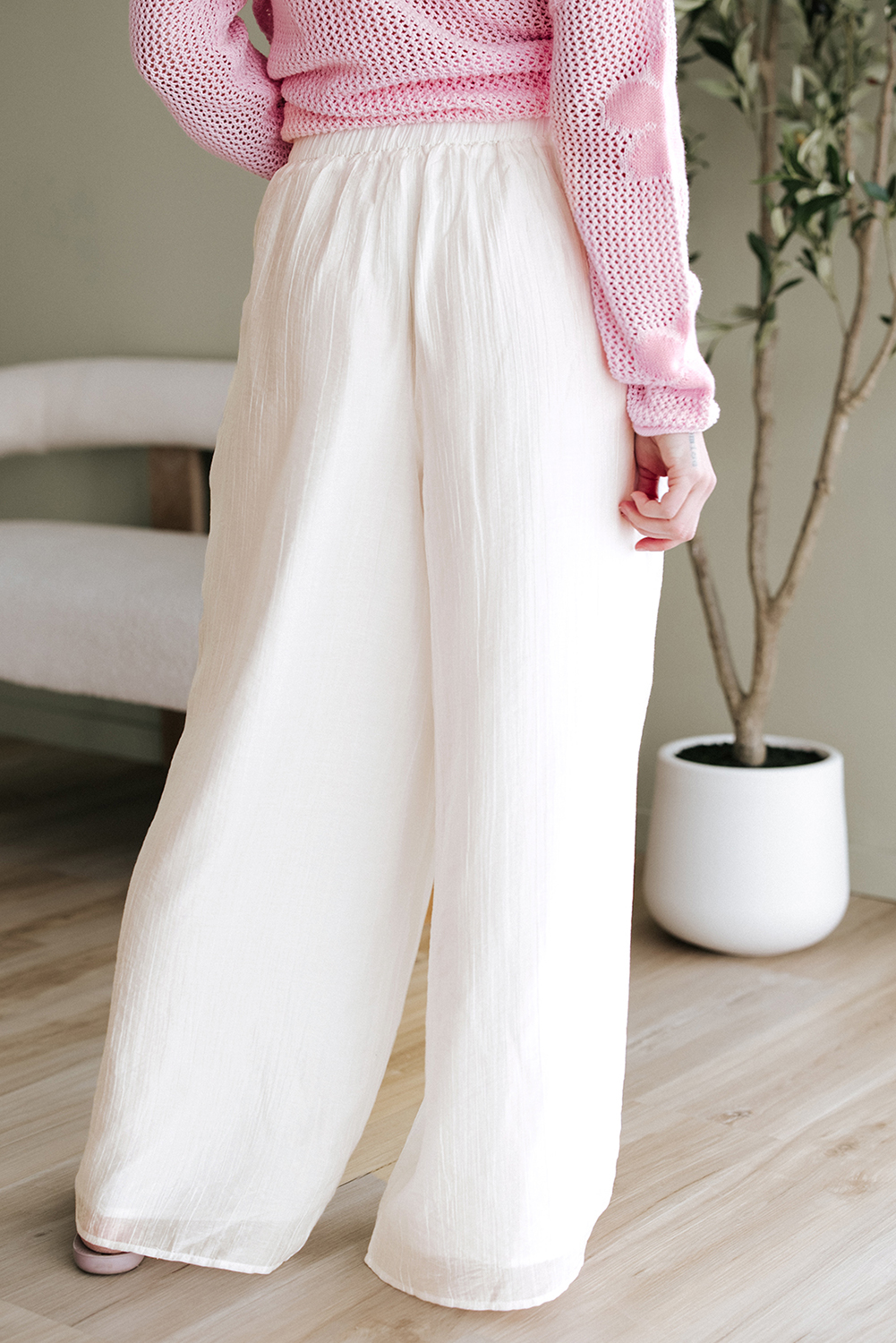 White Solid Drop Waist Pleated Wide Leg Casual Pants - loveforevers
