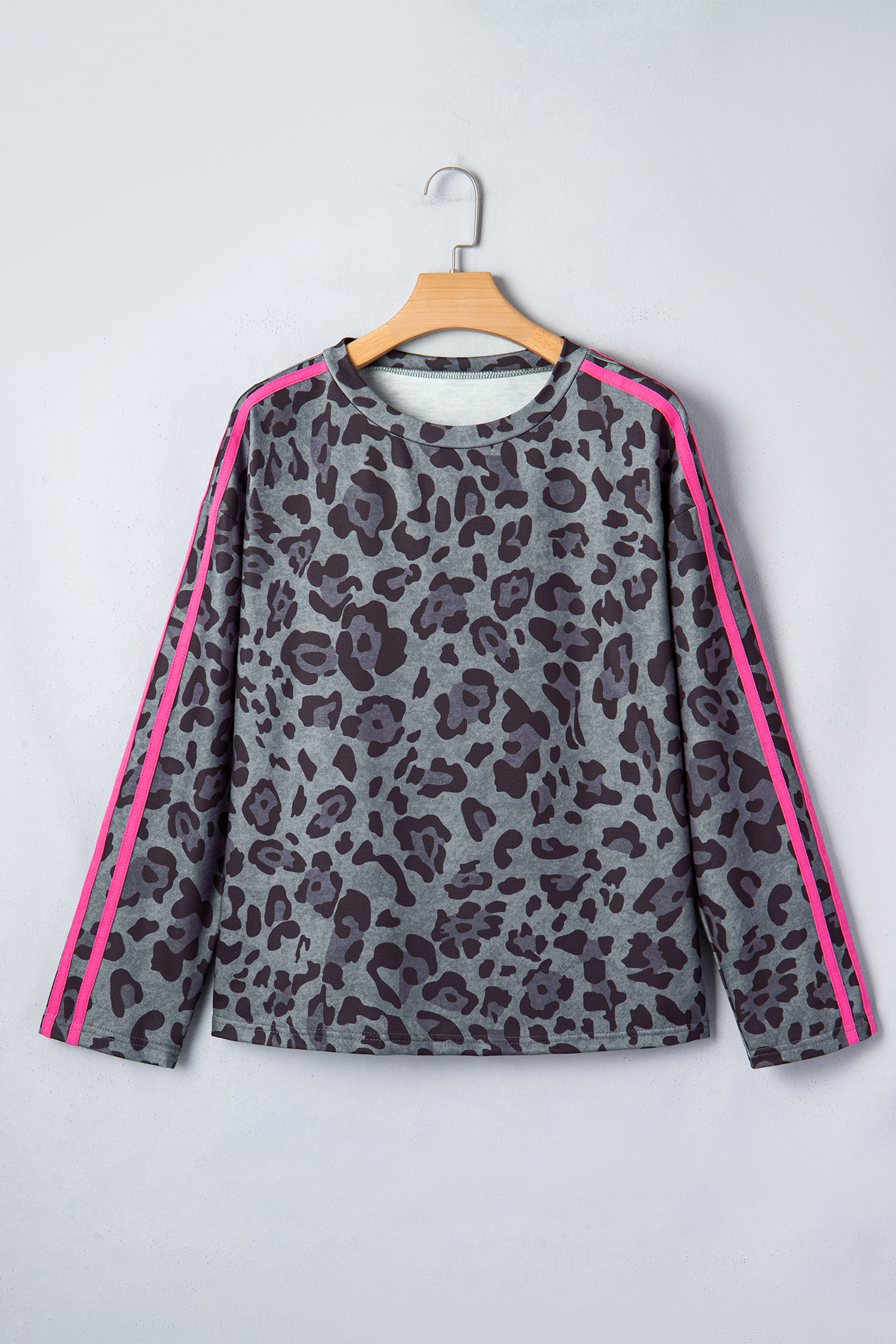 Gray Leopard Print Varsity Striped Trim Long Sleeve Top - loveforevers