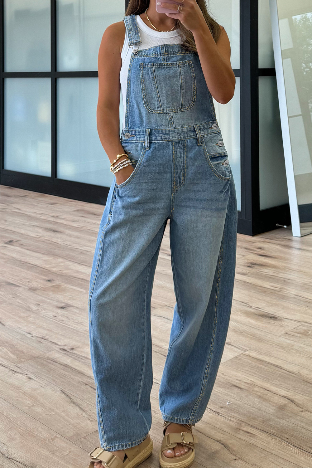 Dusk Blue Adjustable Buckle Barrel Denim Overalls - loveforevers
