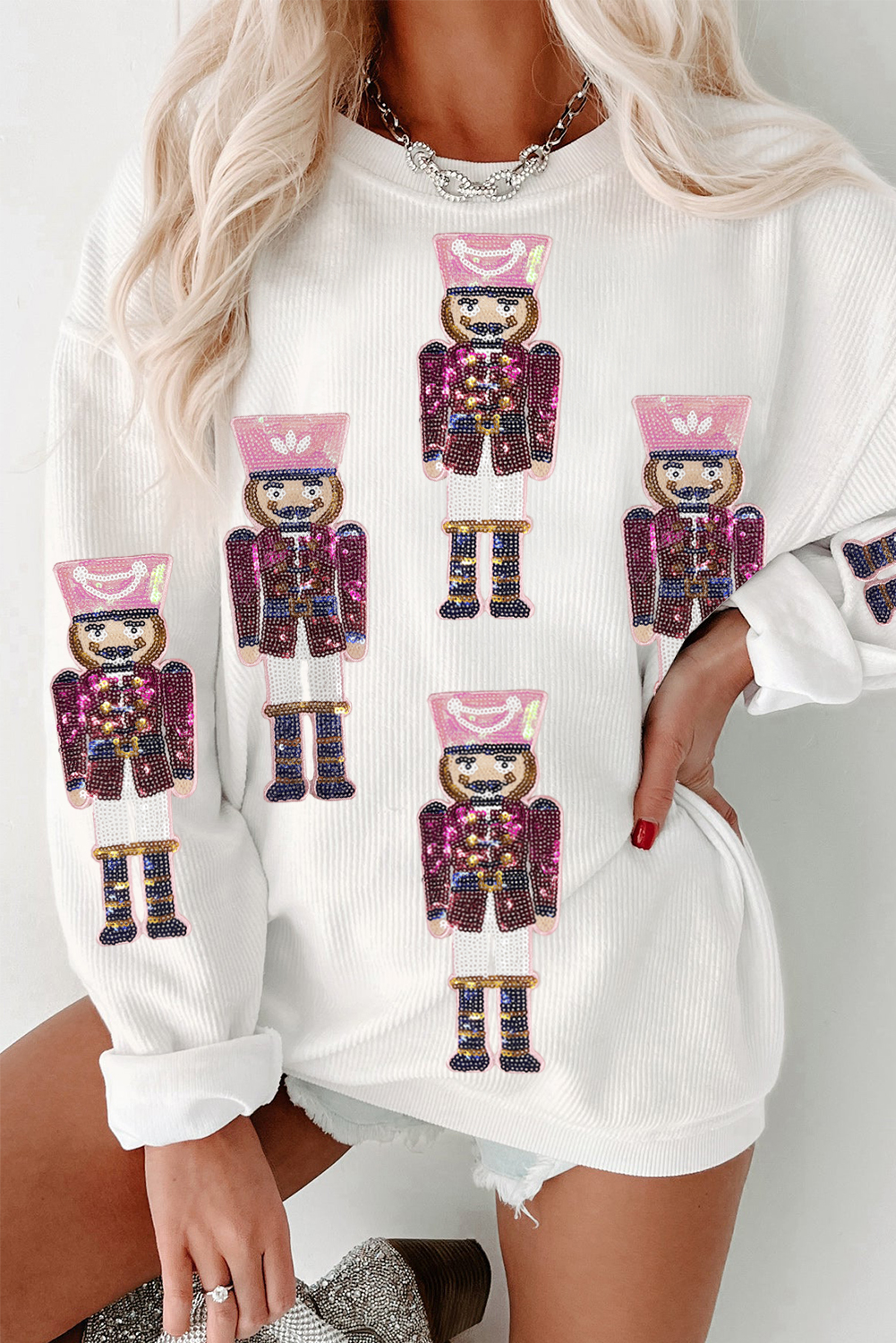 White Sequin Nutcracker Graphic Christmas Fashion Corded Sweatshirt - loveforevers
