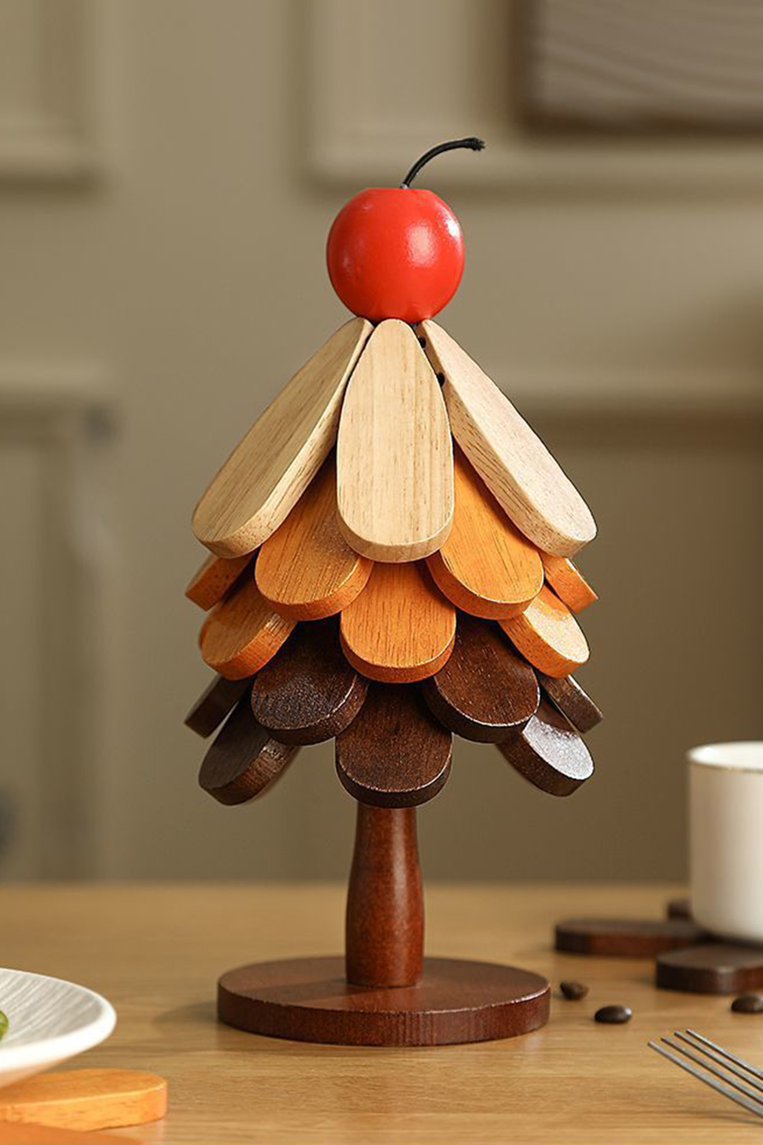 Fiery Red Cherry Wooden Trivets Christmas Tree 5pcs Heat Resistant Coaster - loveforevers