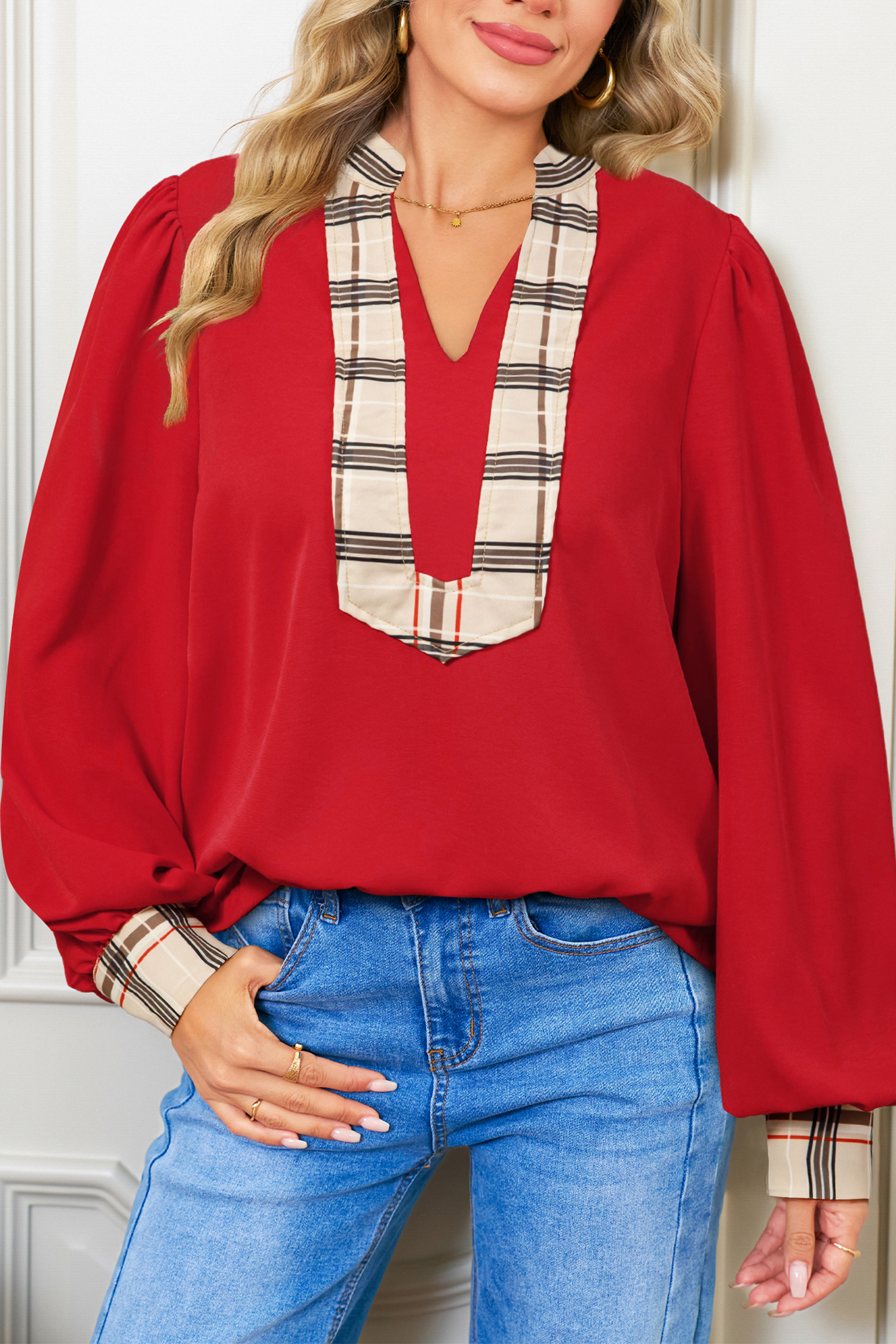 Racing Red Contrast Plaid Patchwork V Neck Long Sleeve Blouse - loveforevers