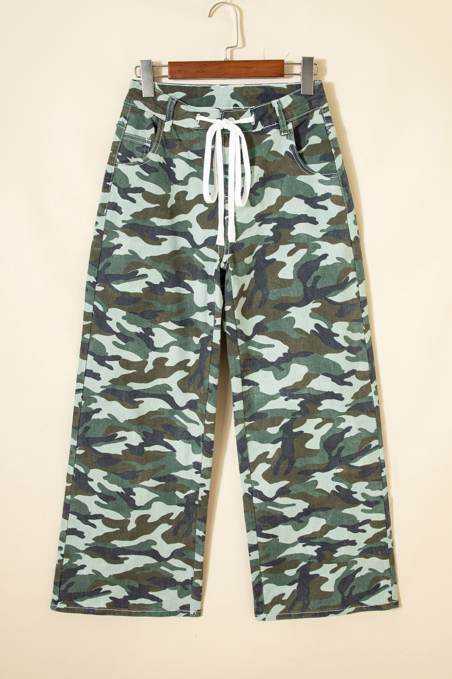 Green Camouflage Print Wide Leg Drawstring Denim Pants - loveforevers