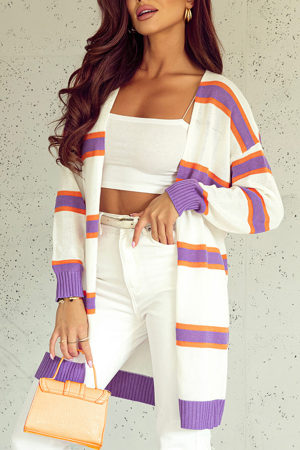Beige Striped Long Sleeve Ribbed Trim Button Cardigan - loveforevers