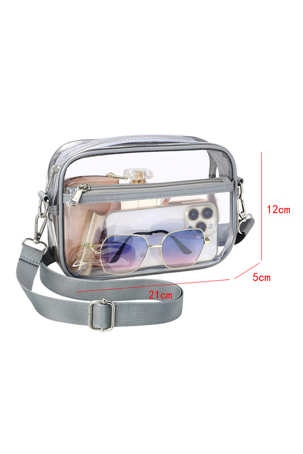 Gray Multi-Pocket Contrast Edge Detachable Strap Clear Shoulder Bag - loveforevers