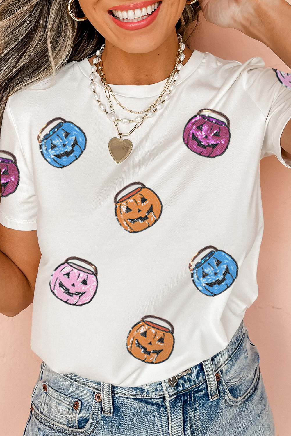 White Sequin Pumpkin Face Patched Crew Neck Holiday T Shirt - loveforevers