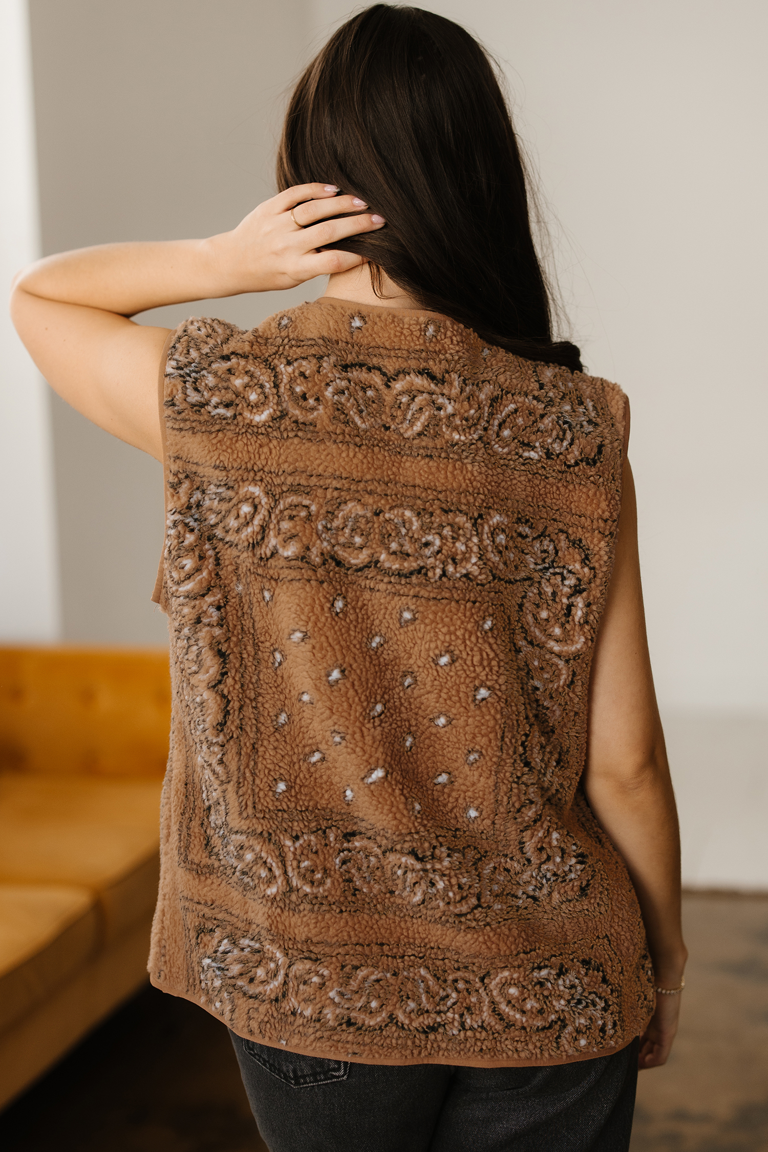 Brown Sherpa Paisley Print Pocketed Western Fashion Vest Jacket - loveforevers