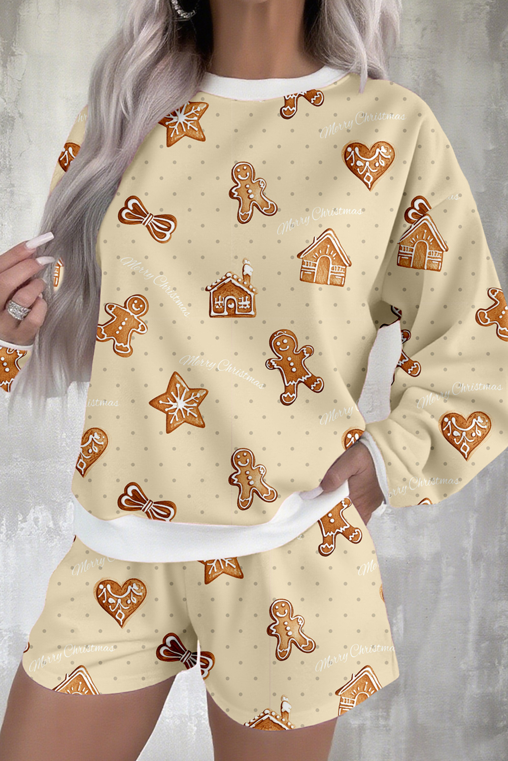 Beige Gingerbread Man Christmas Print Long Sleeve Pullover Lounge Short Set - loveforevers