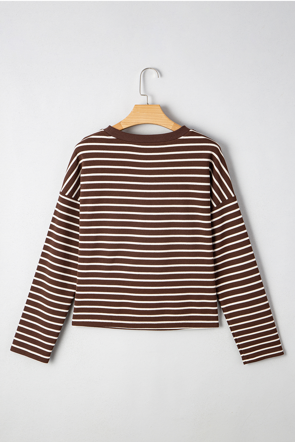 Brown Stripe Ribbed Cropped Crew Neck Long Sleeve T Shirt - loveforevers