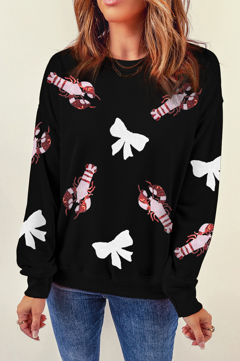 Black Crawfish Bow Sequin Patched Graphic Sweatshirt - loveforevers