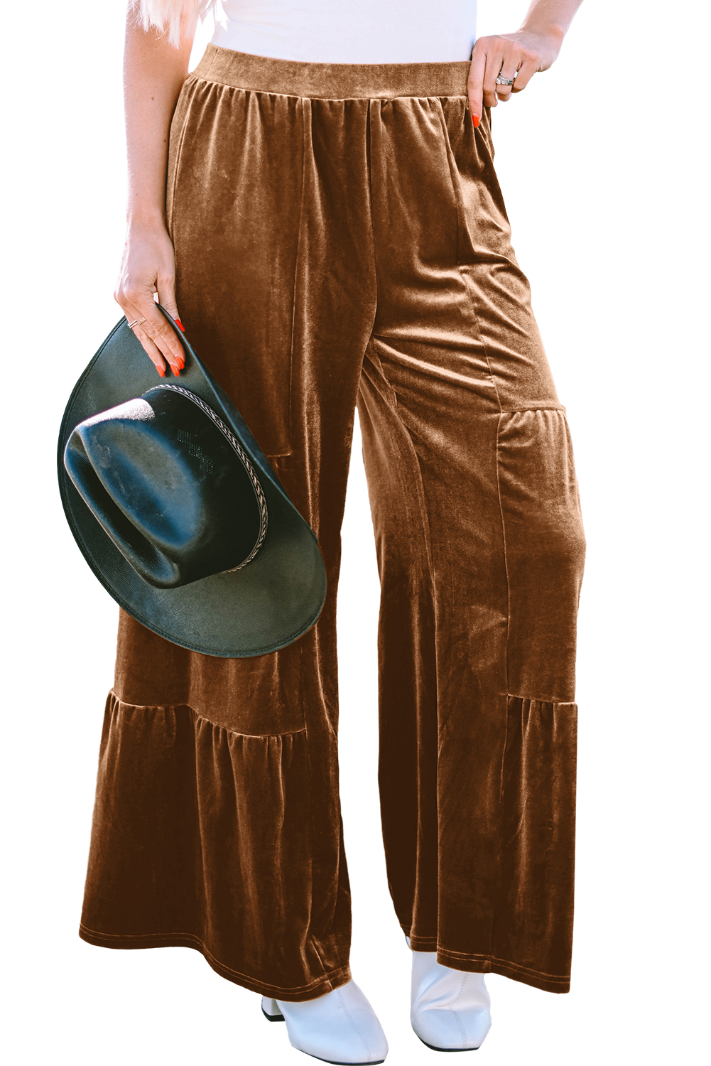 Chestnut Ruffle Hem Wide Leg Velvet Pants - loveforevers