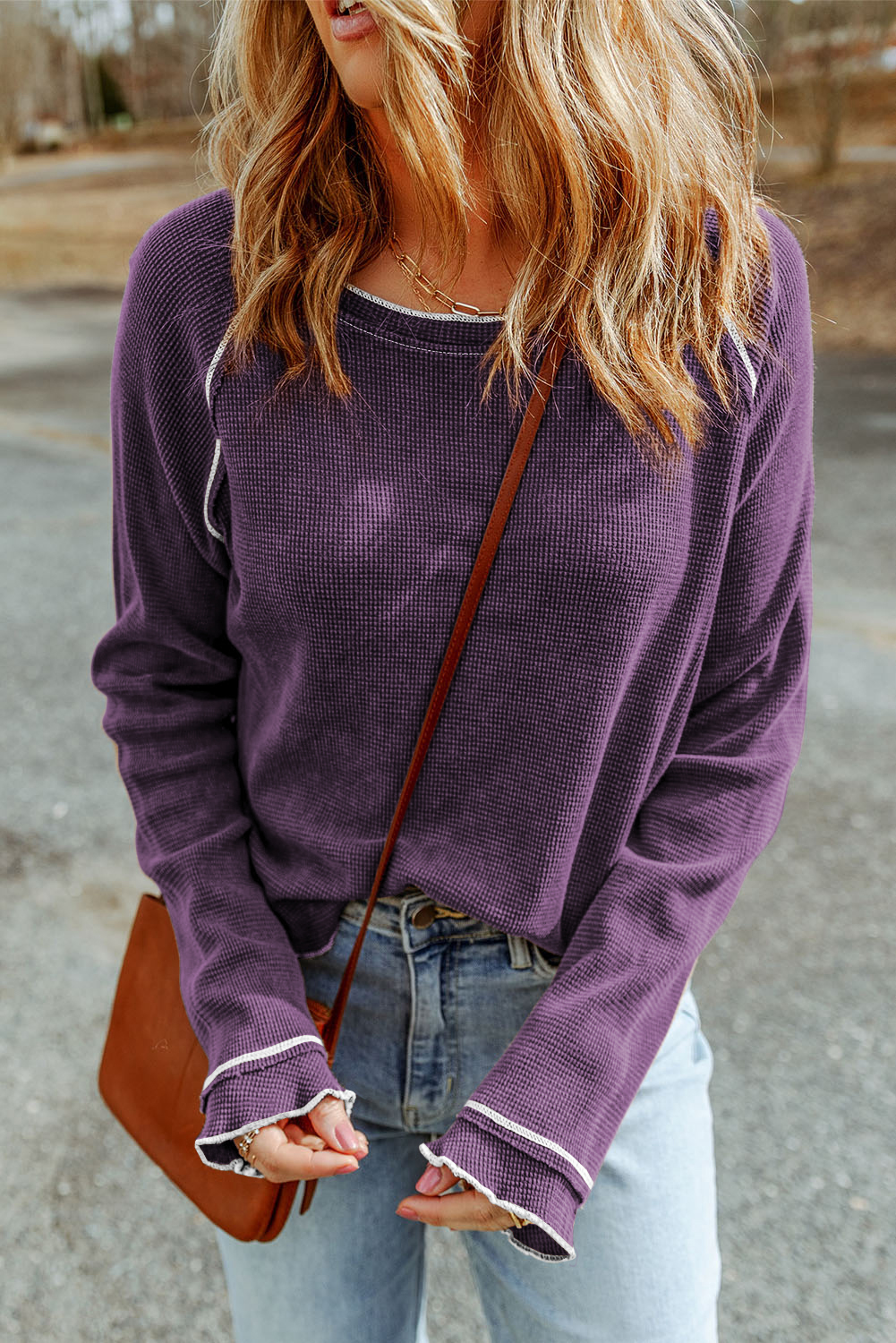 Smoke Gray Textured Round Neck Long Sleeve Top - loveforevers