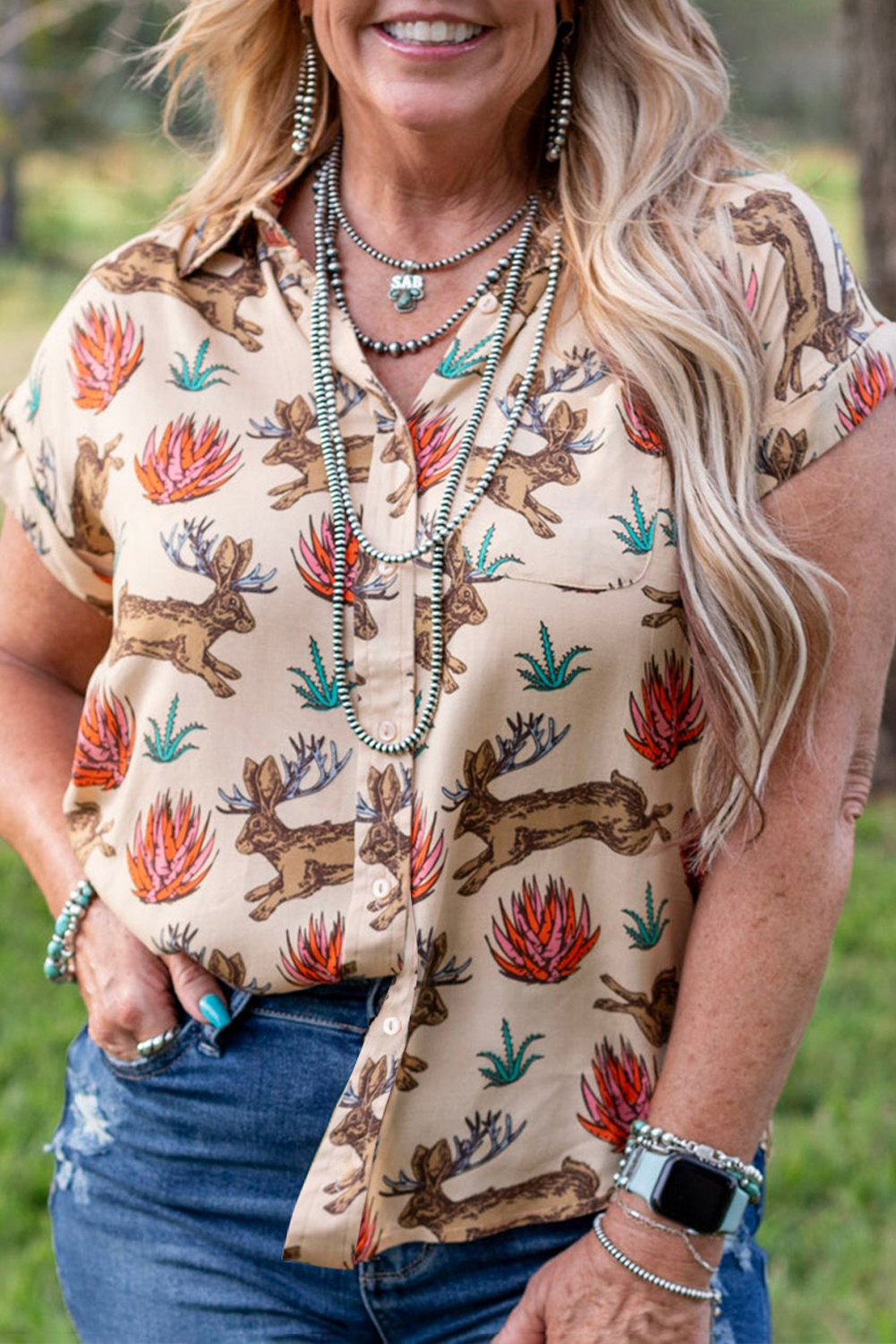 Khaki Plus Size Western Pattern Print Buttoned Short Sleeve Shirt - loveforevers