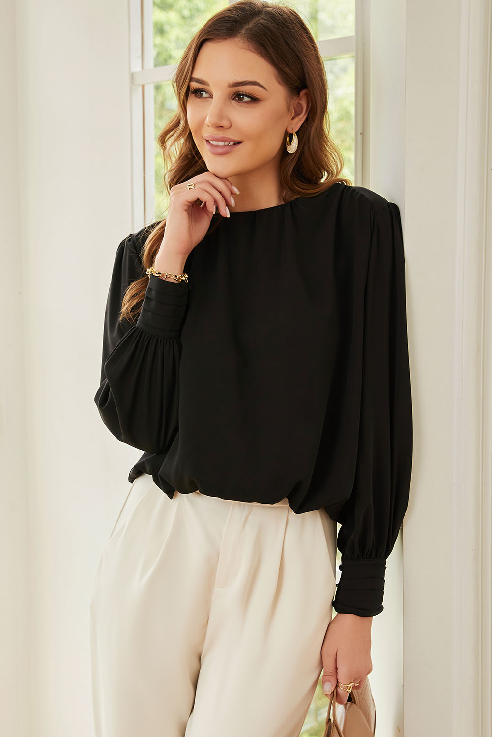 Black Padded Shoulder Buttoned Cuffs Pleated Loose Blouse - loveforevers