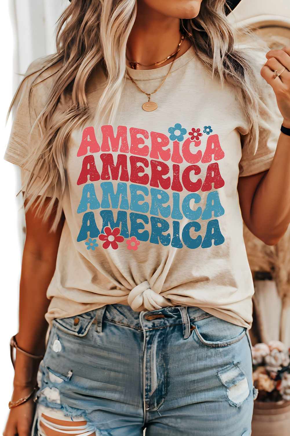 Khaki AMERICA Letter Floral Print T Shirt - loveforevers
