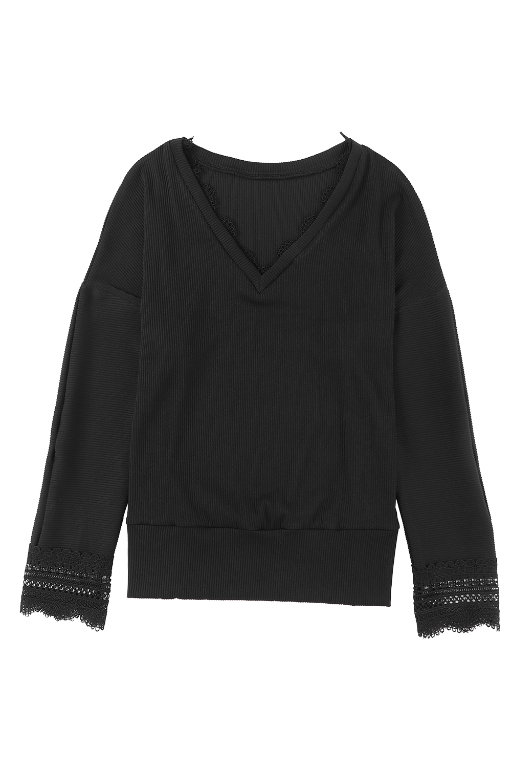 Black Ribbed Texture Lace Trim V Neck Long Sleeve Top - loveforevers