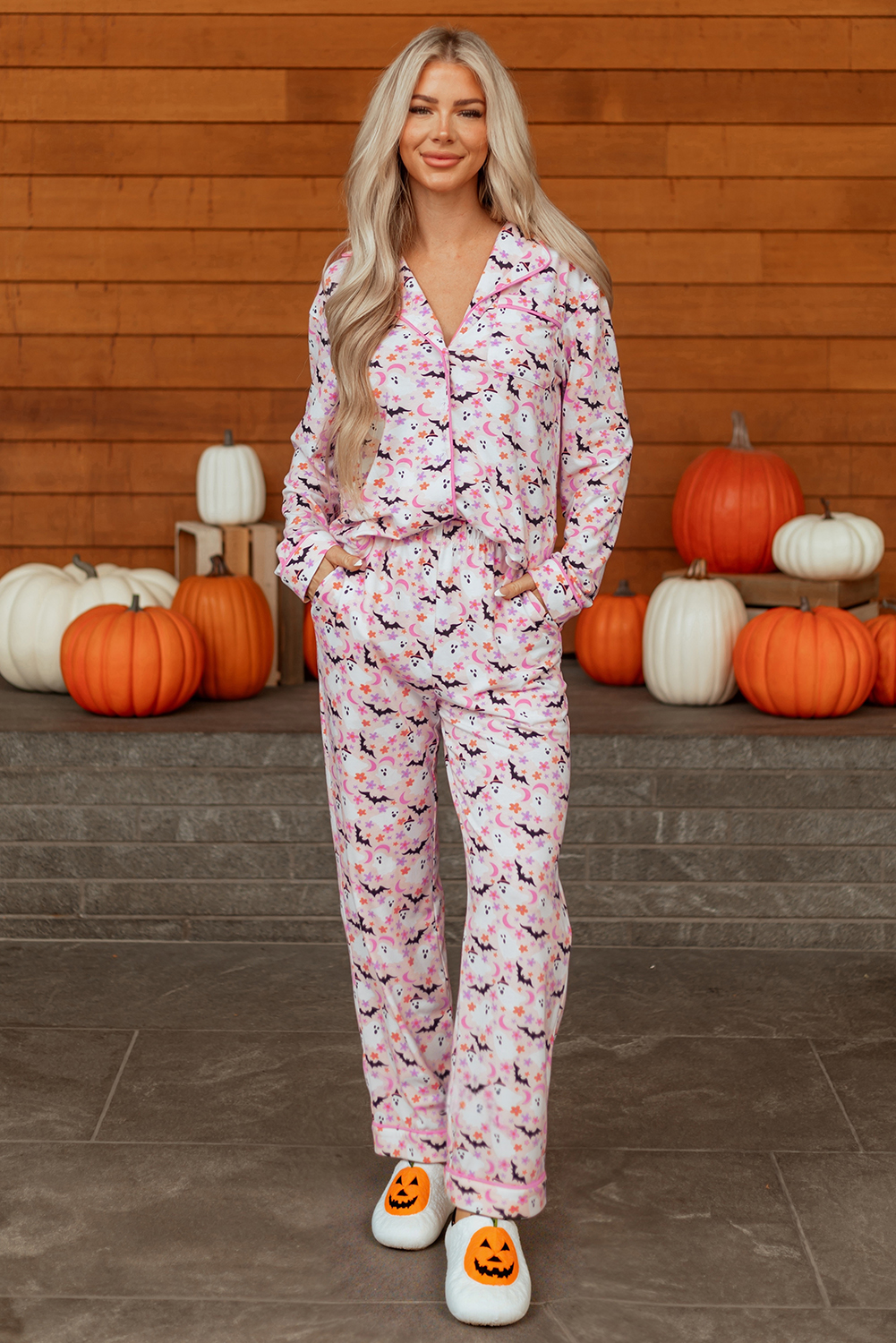 Pink Halloween Eve Haunted Honey Bat Print Pajama Set - loveforevers