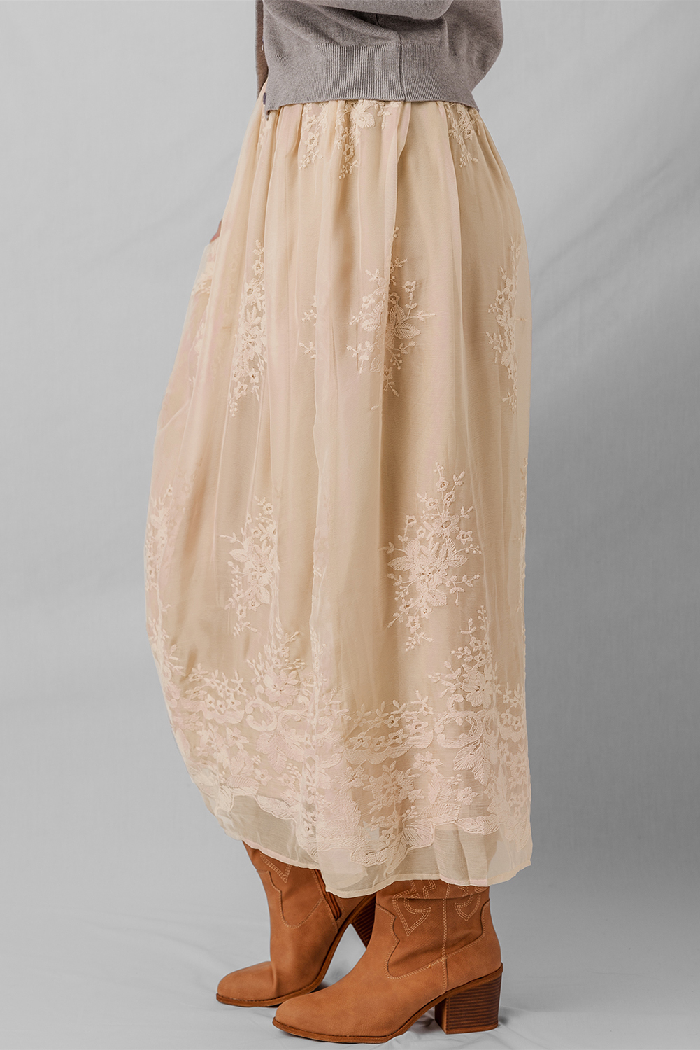 Oatmeal Embroidered Mesh Overlay Flowy Long Skirt - loveforevers