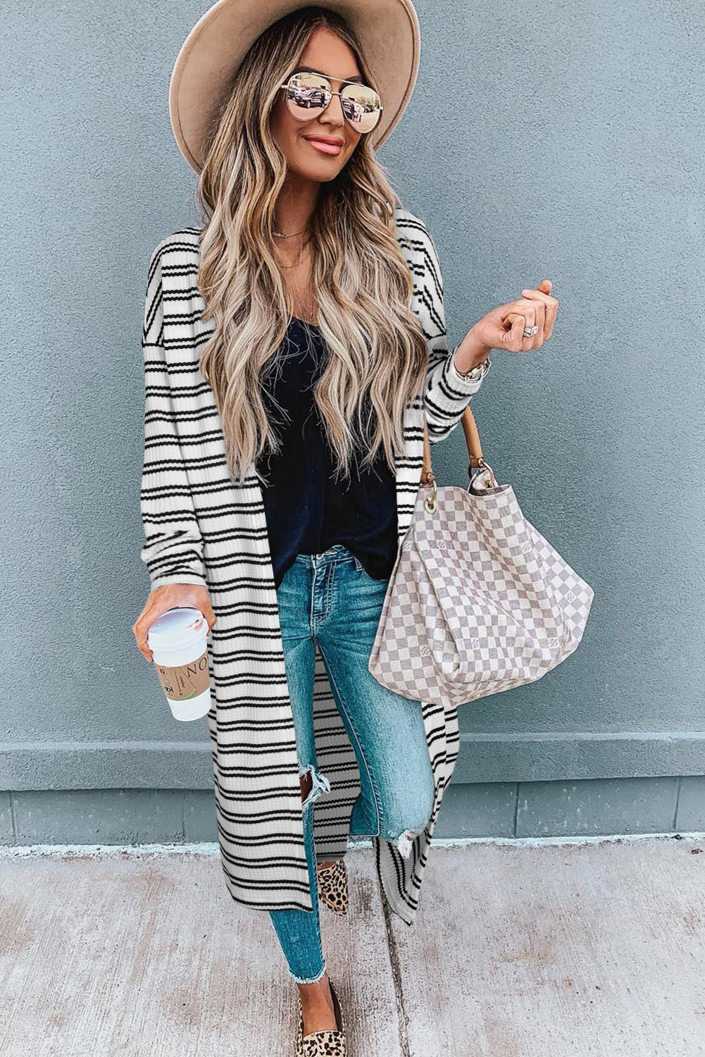 Black Stripe Print Open Front Duster Cardigan - loveforevers