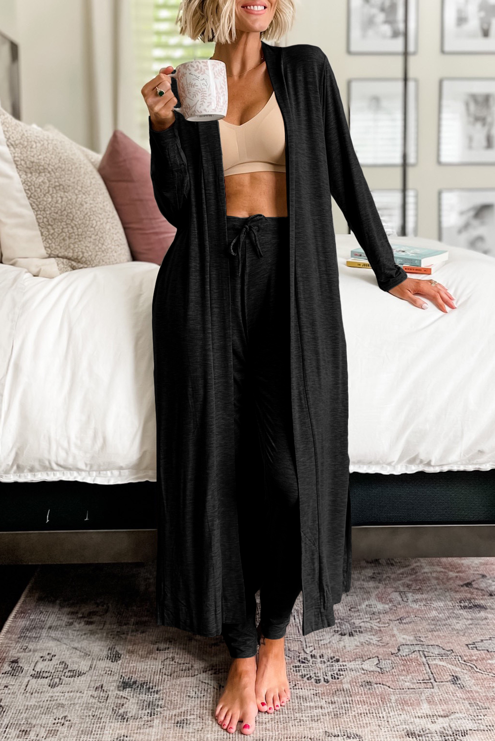 Parchment Split Long Cardigan and Skinny Pants Lounge Set - loveforevers