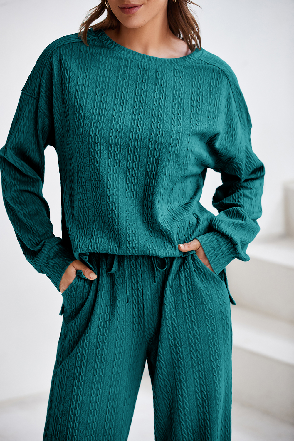 Smoke Green Textured Round Neck Sweatshirt & Loose Drawstring High Waist Pant Set - loveforevers