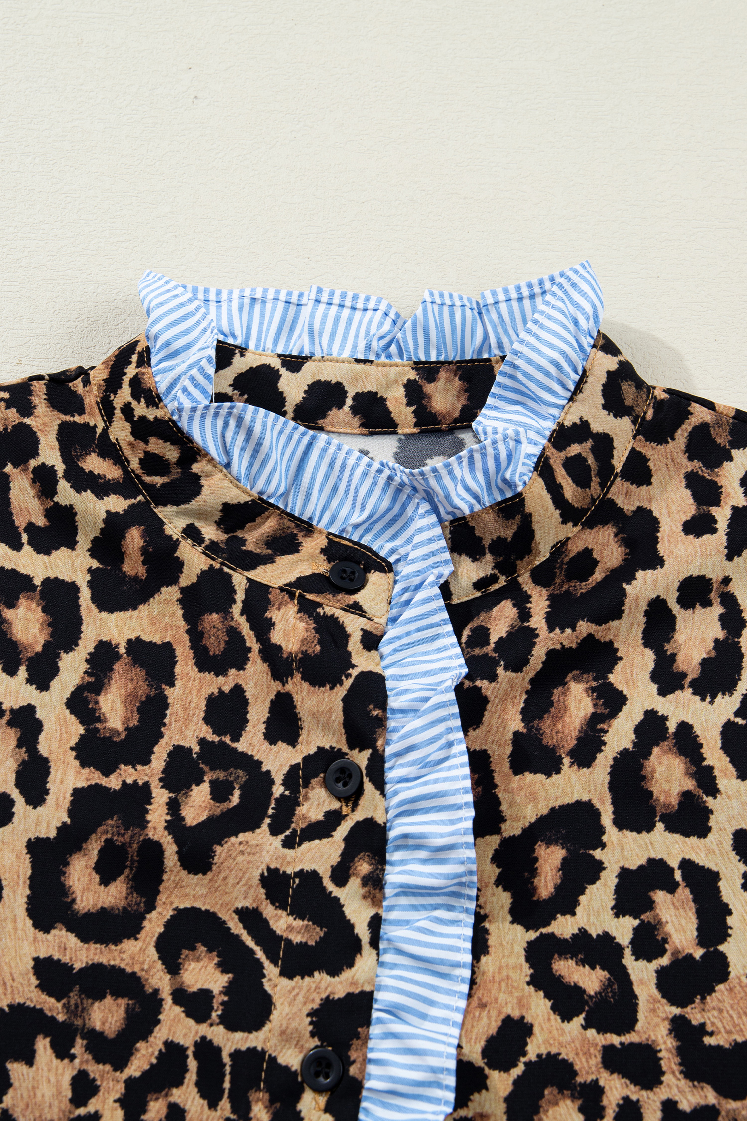 Brown Wild Leopard Print Contrast Striped Frilled Trim Chic Shirt - loveforevers