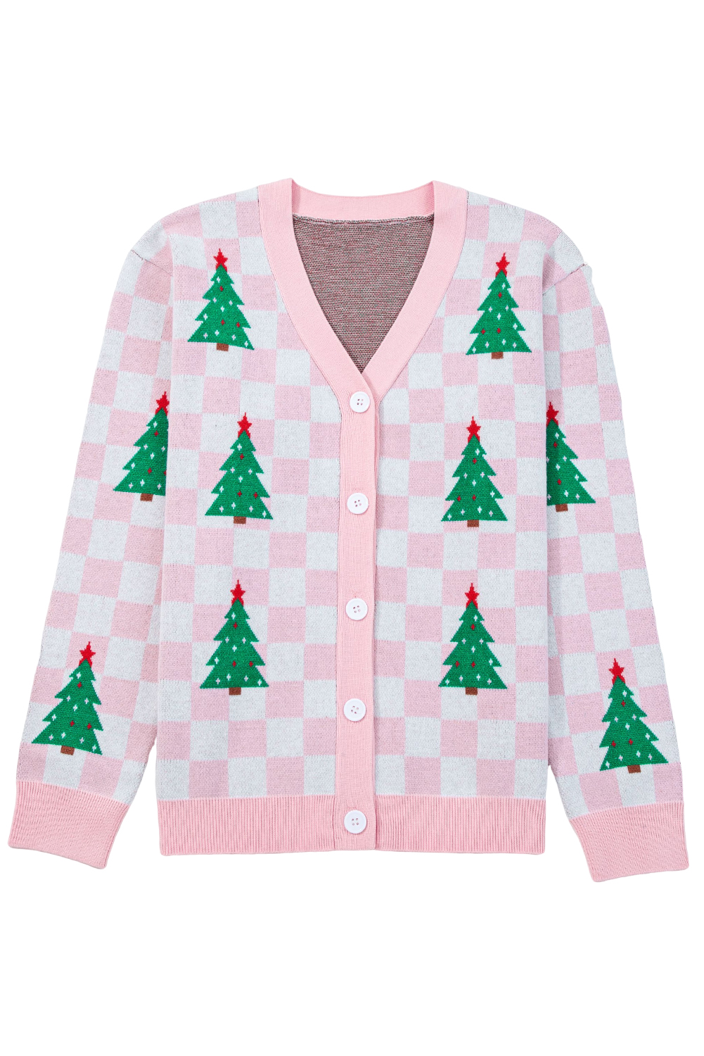 Pink Checkered Christmas Tree Pattern Button V Neck Cardigan Sweater - loveforevers
