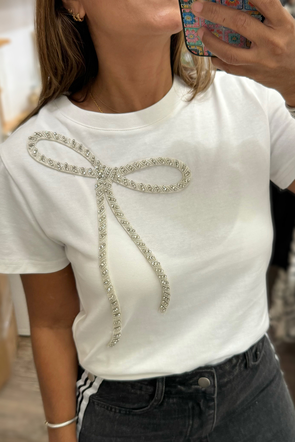 White Rhinestone Bow Embellished Round Neck Tee - loveforevers