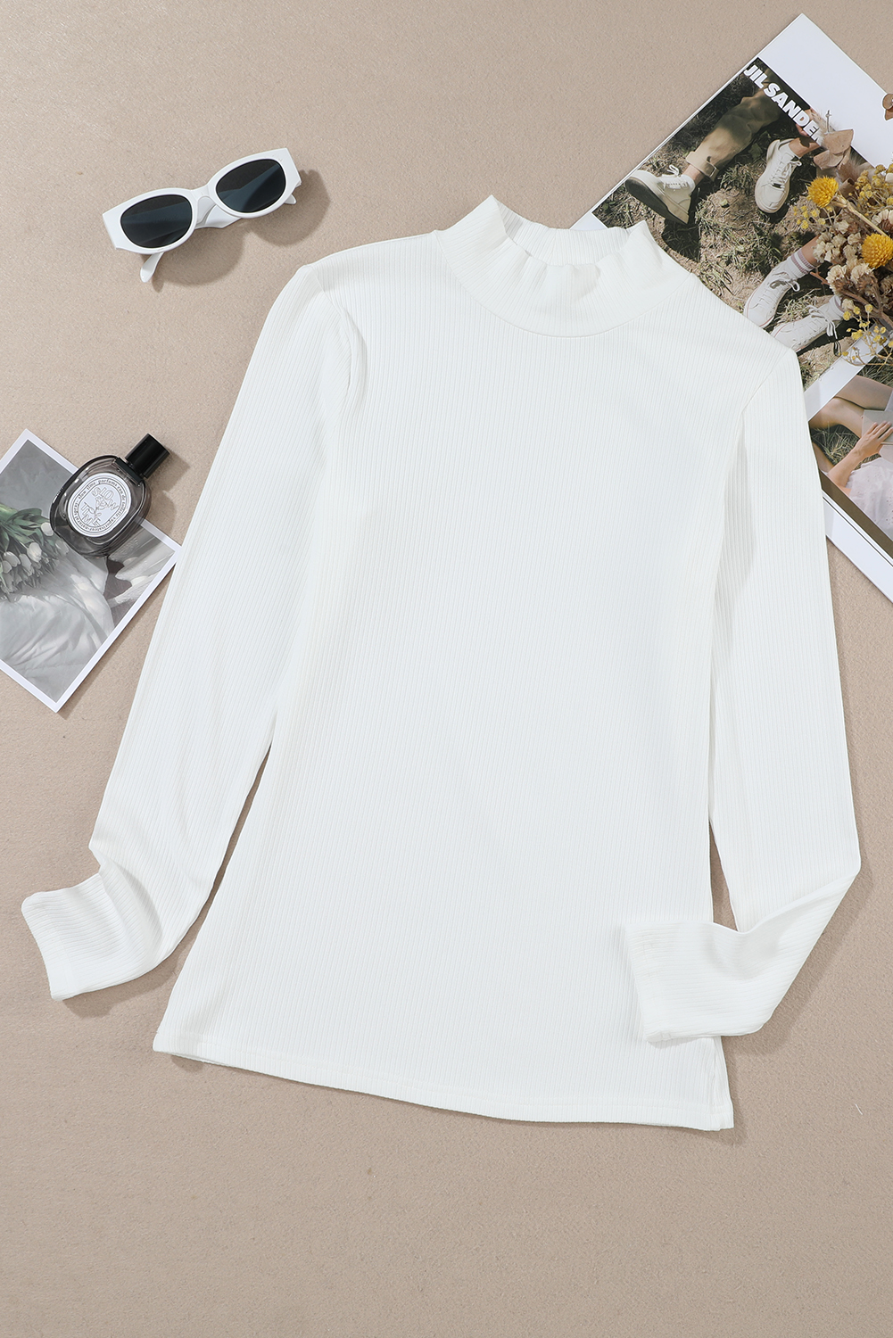 White Ribbed Knit High Neck Long Sleeve Top - loveforevers