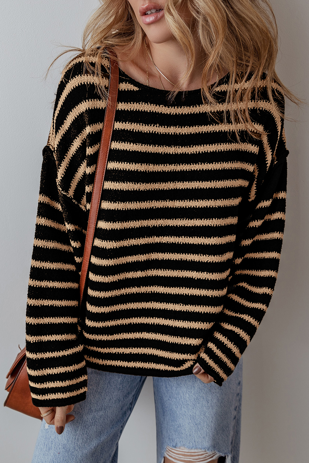 Black Stripe Drop Shoulder Round Neck Loose Sweater - loveforevers