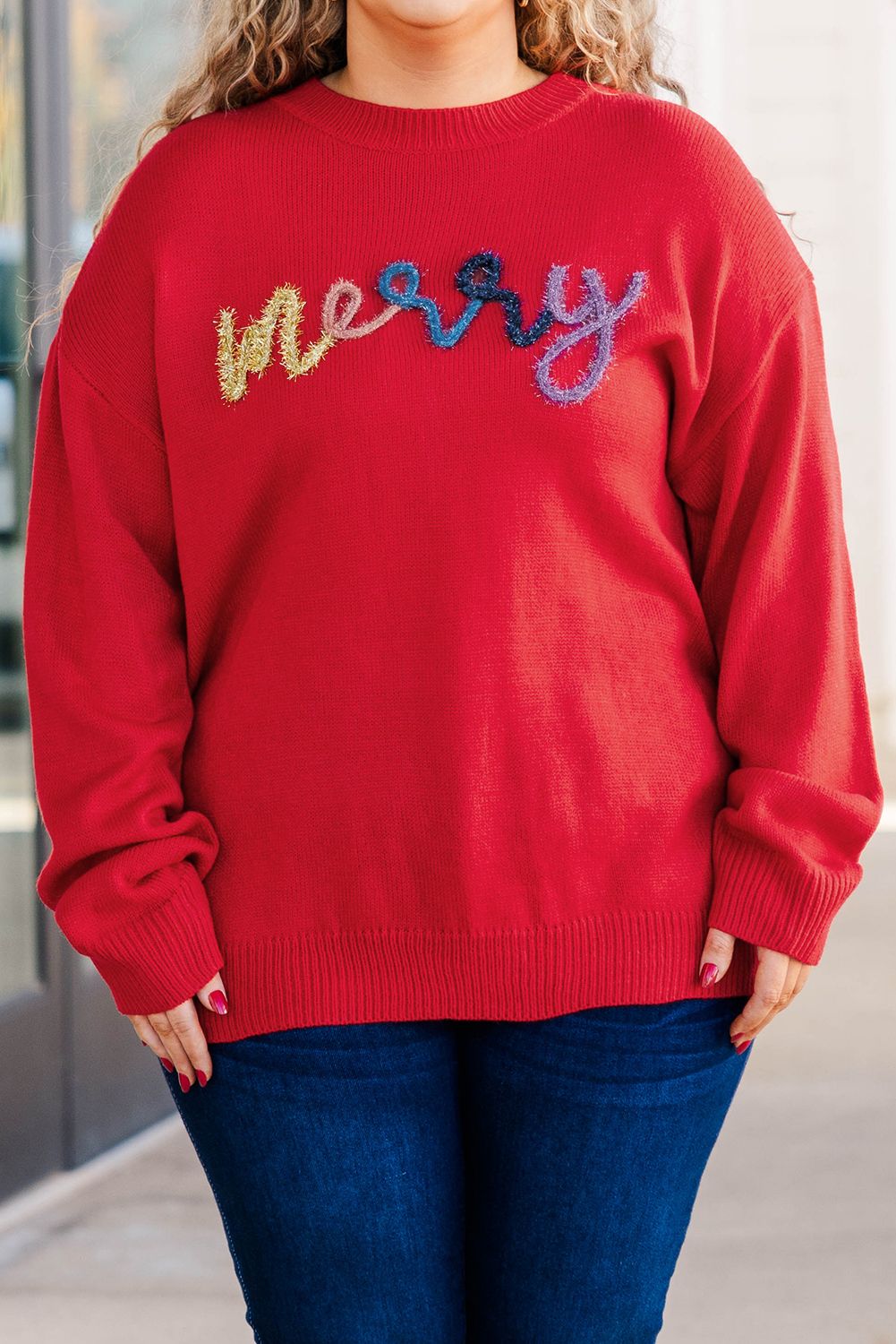 Fiery Red Tinsel Merry Letter Drop Shoulder Baggy Sweater - loveforevers