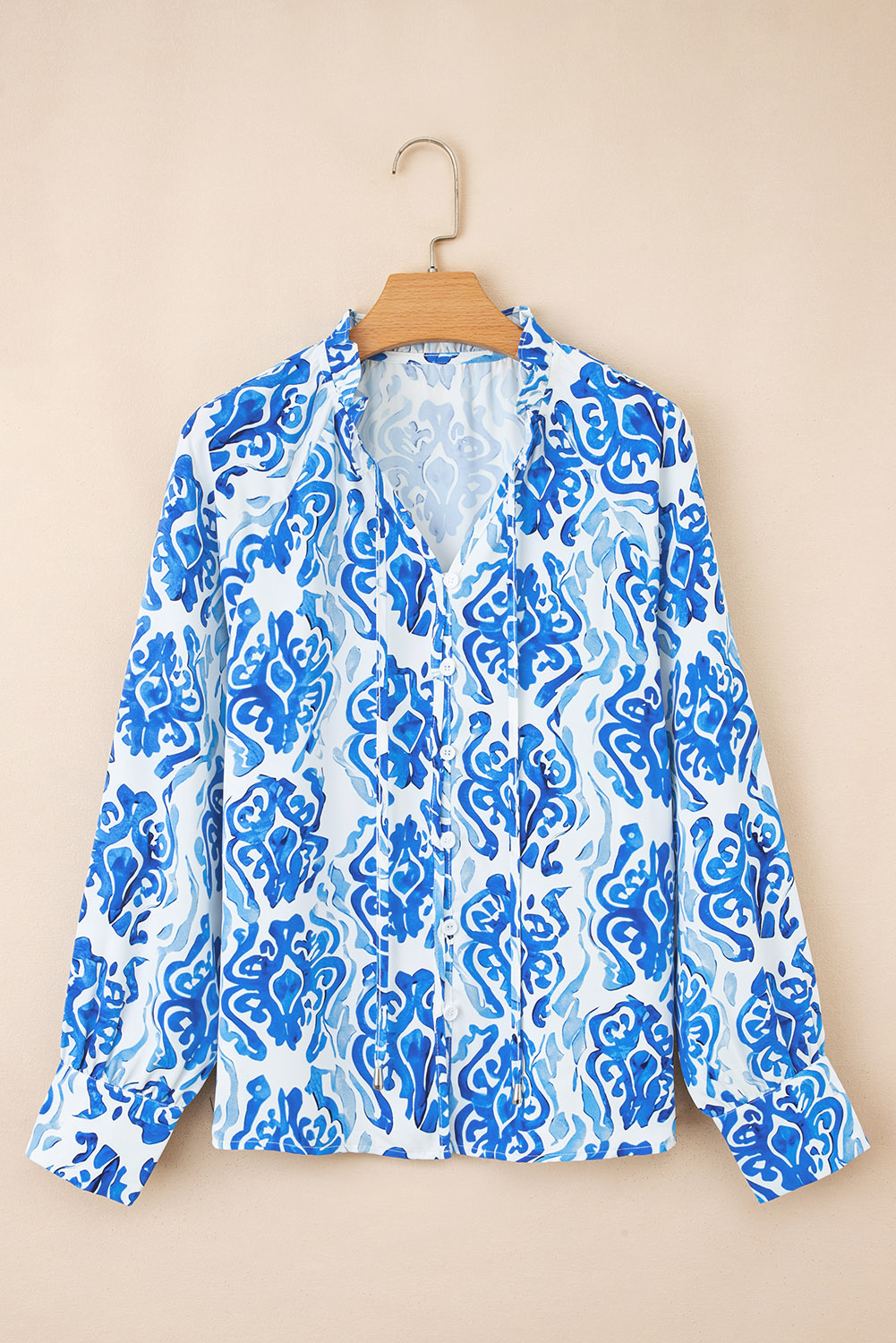 Sky Blue Ethnic Printed Tie Split Neck Button Front Puff Sleeve Shirt - loveforevers