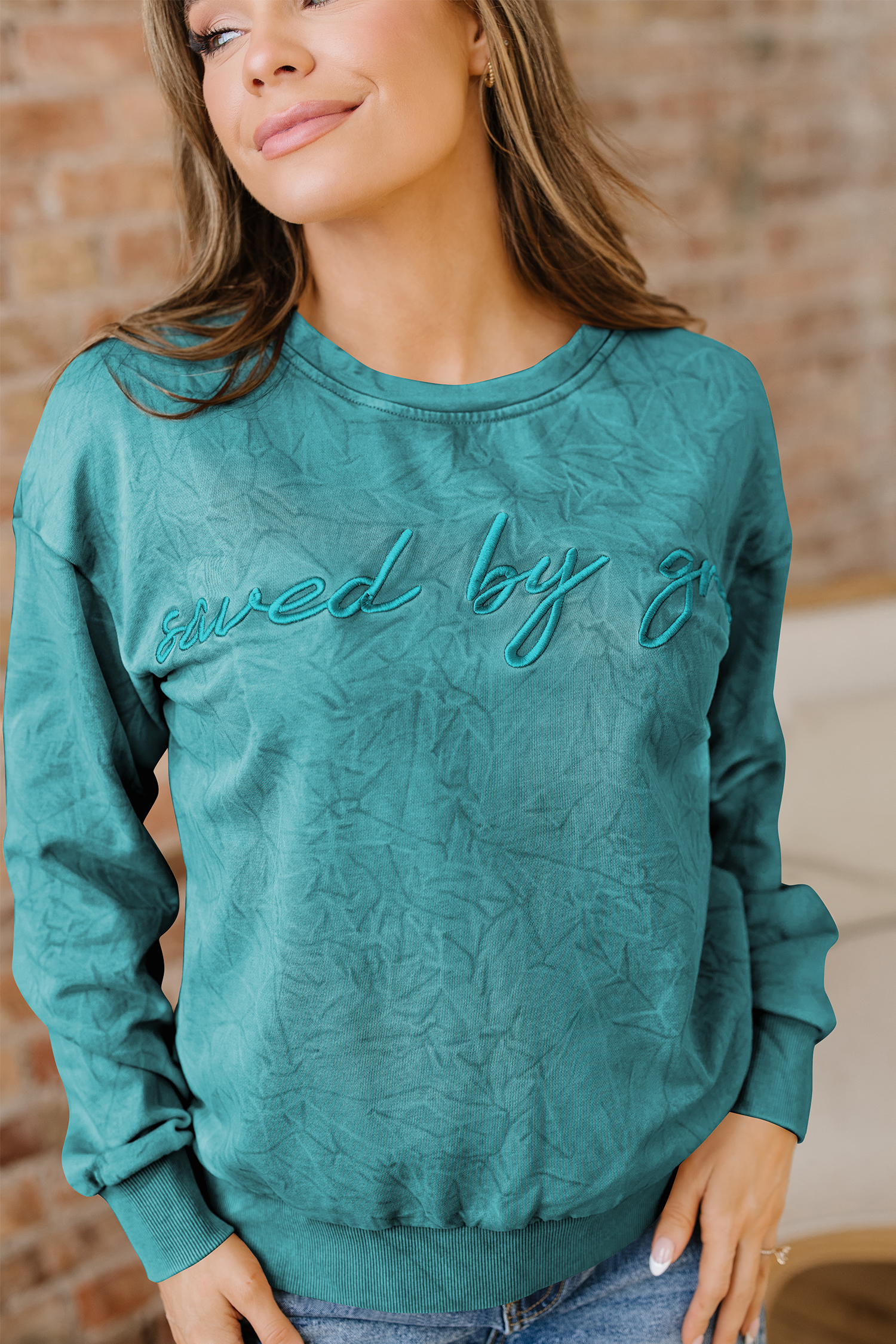 DUNE saved by grace Letter Embroidery Mineral Wash Loose Sweatshirt - loveforevers