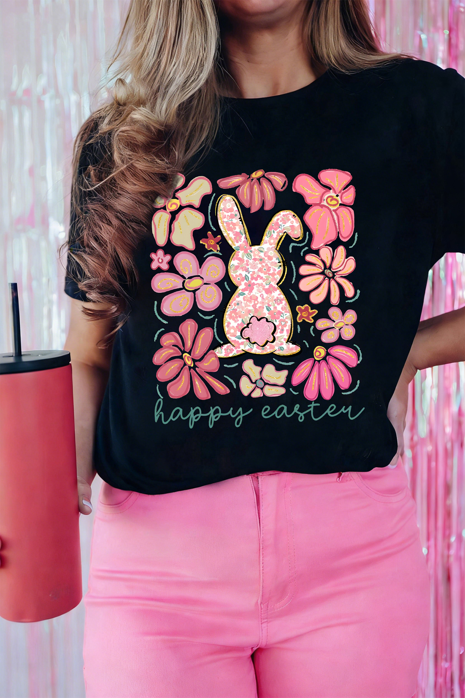Black Happy Easter Bunny Flower Printed Casual Tee - loveforevers