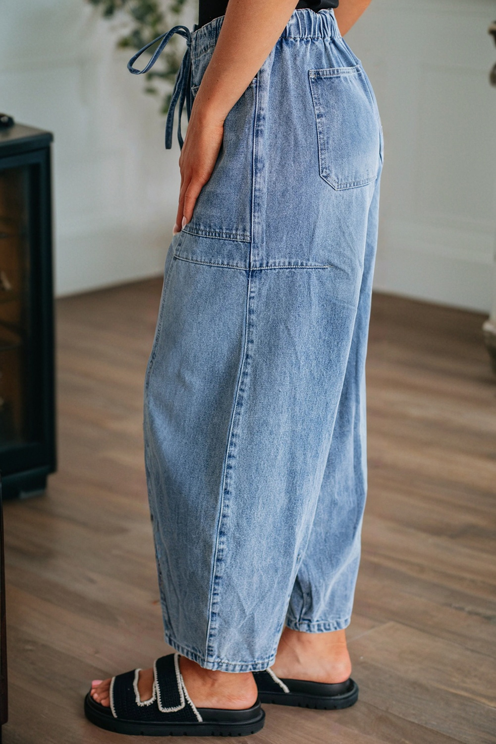 Myosotis Large Patch Pocket Drawstring Paperbag Waist Barrel Jeans - loveforevers