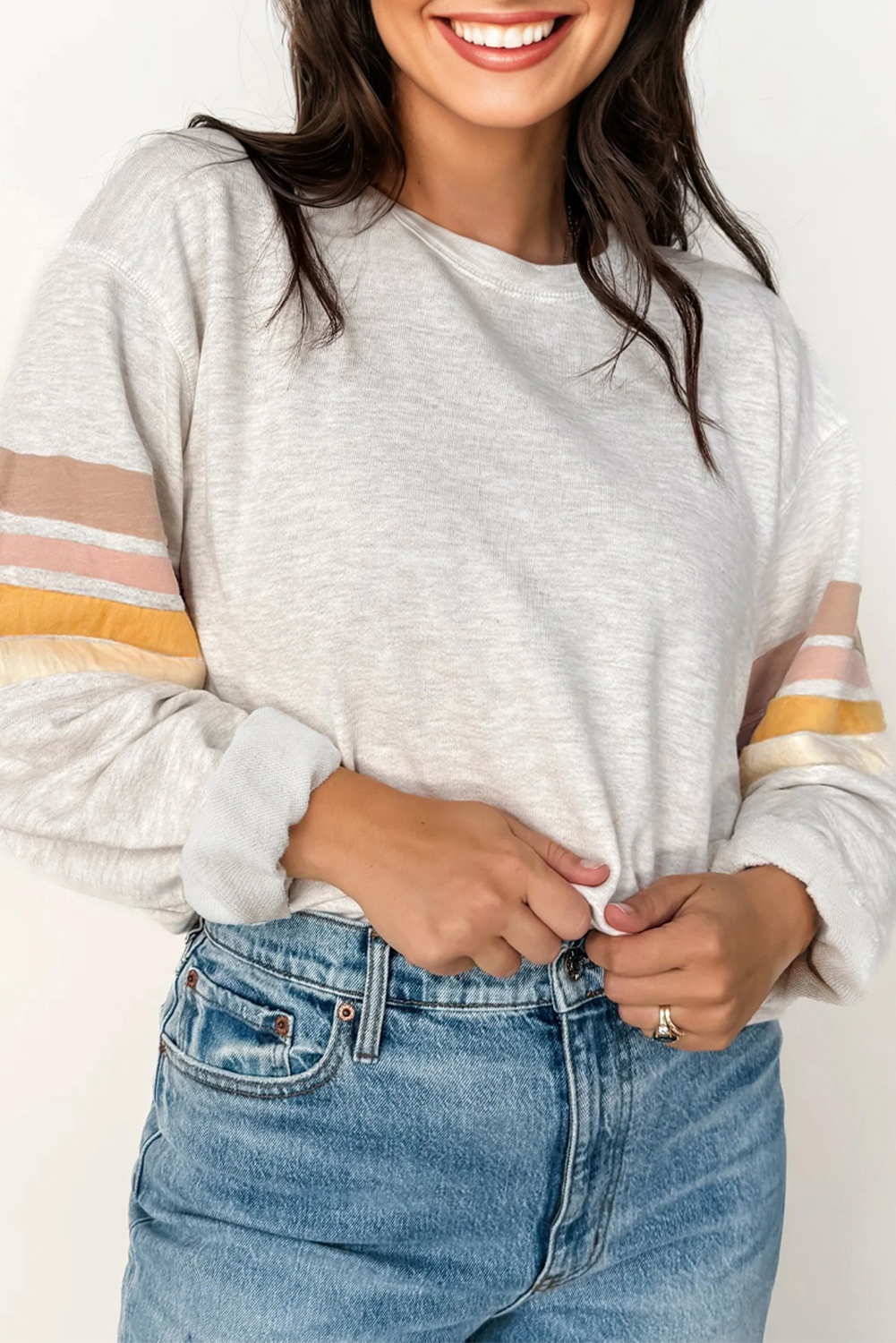 Beige Striped Drop Shoulder Round Neck Pullover and Jogger Pants Active Outfit - loveforevers