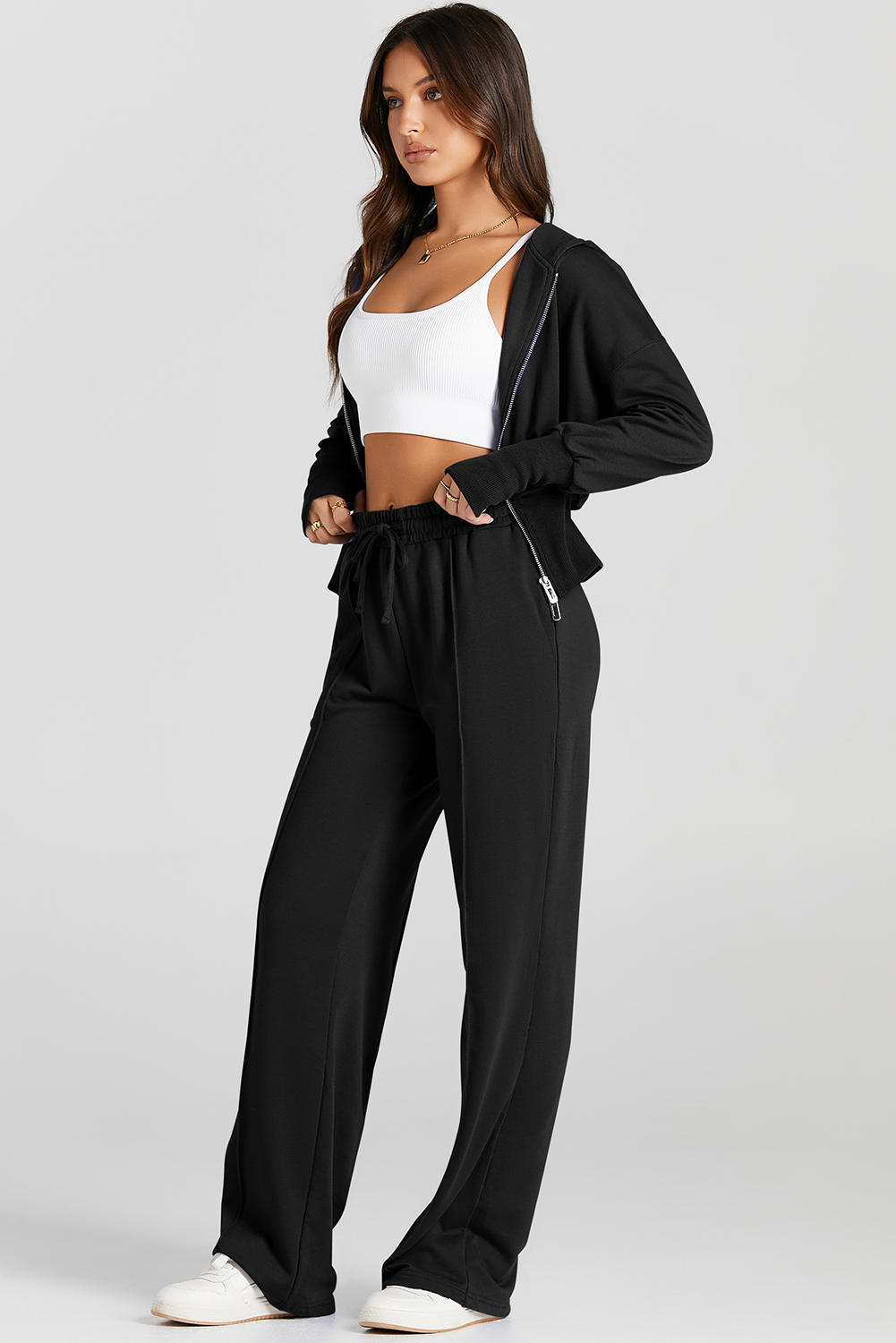 Gray Double Zipper Hooded Jacket and Sweatpants Active Set - loveforevers