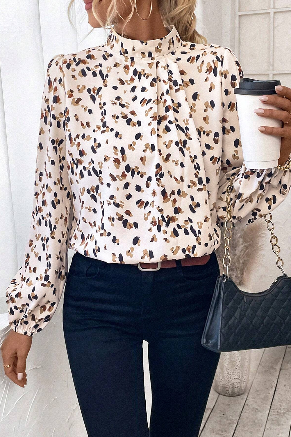 White Leopard Print Lantern Sleeve Mock Neck Pleated Blouse - loveforevers