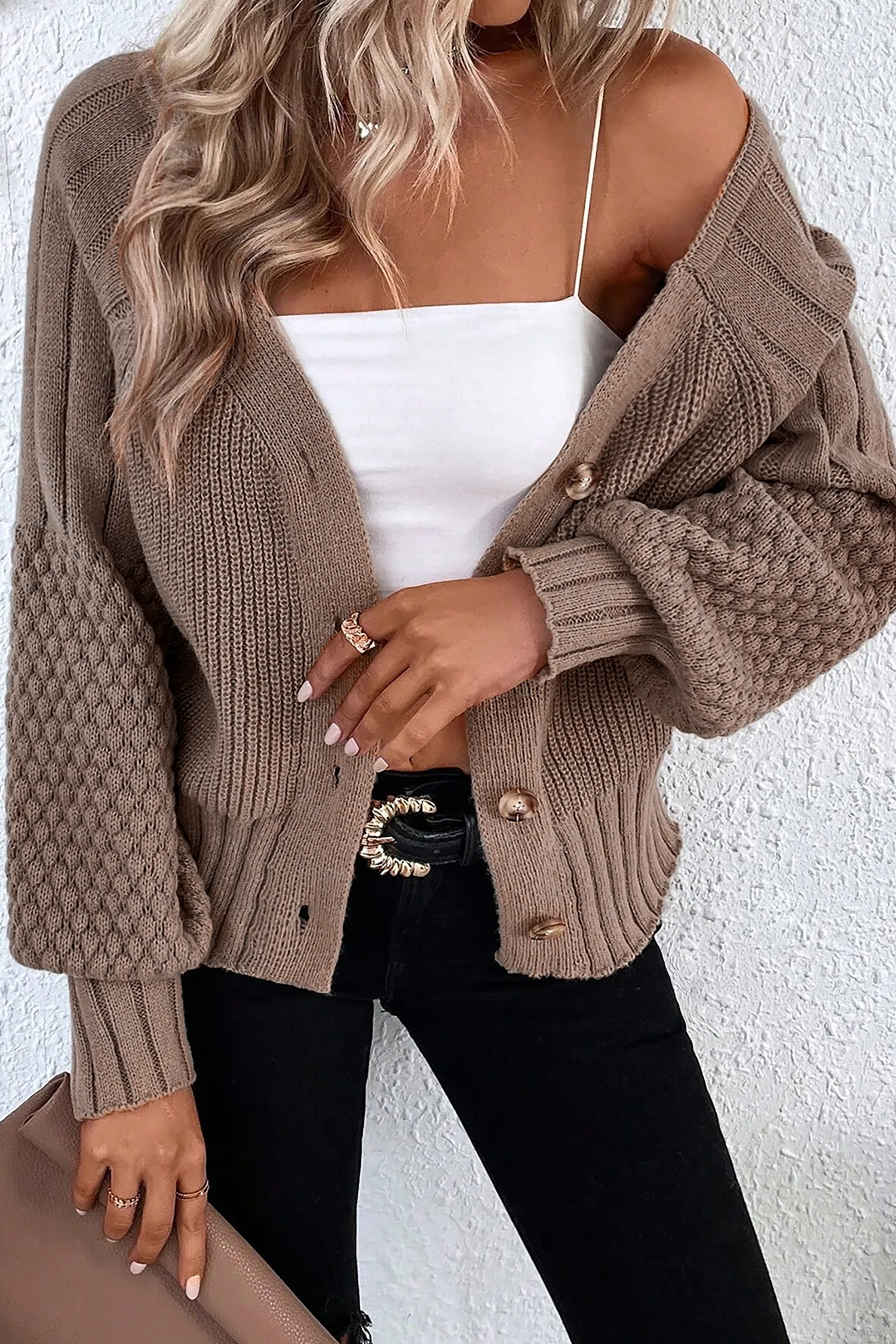 Light Pink Mixed Texture Knit Button V Neck Sweater Cardigan - loveforevers