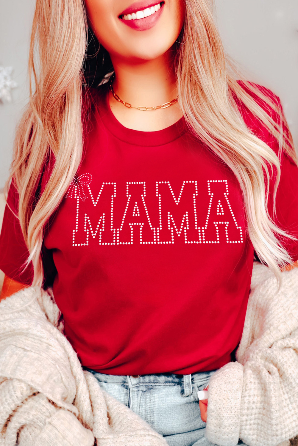 Red Rhinestone MAMA Bow Knot Pattern Crew Neck Loose Tee - loveforevers