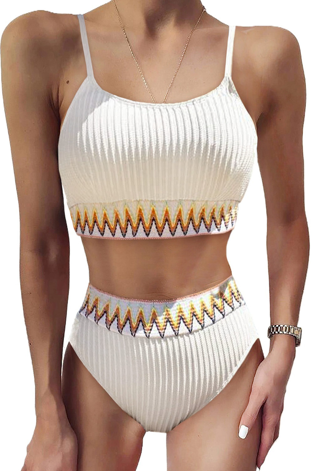 White Textured Contrast Banding Bikini High Waist 2pcs Swimsuit - loveforevers
