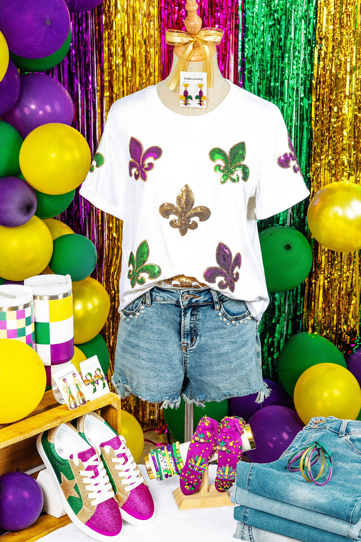 White Mardi Gras Fleur De Lis Sequin Graphic T Shirt - loveforevers
