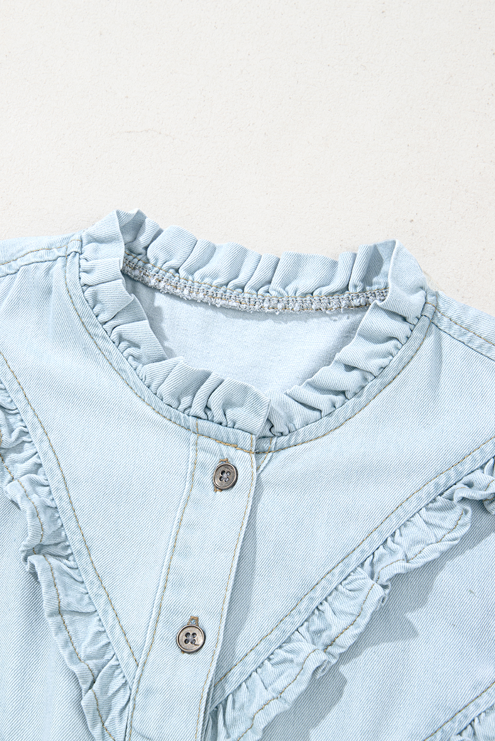 Beau Blue Mineral Wash Frilled Button Up Denim Shirt - loveforevers