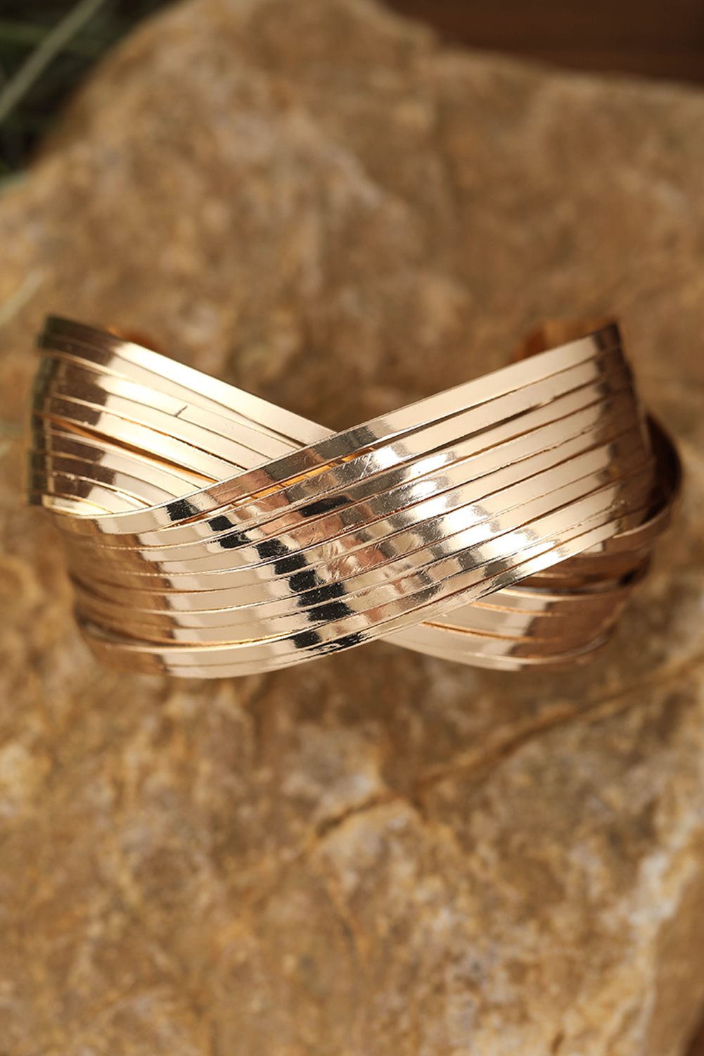 Gold Textured Crossover Metal Cuff Bracelet - loveforevers