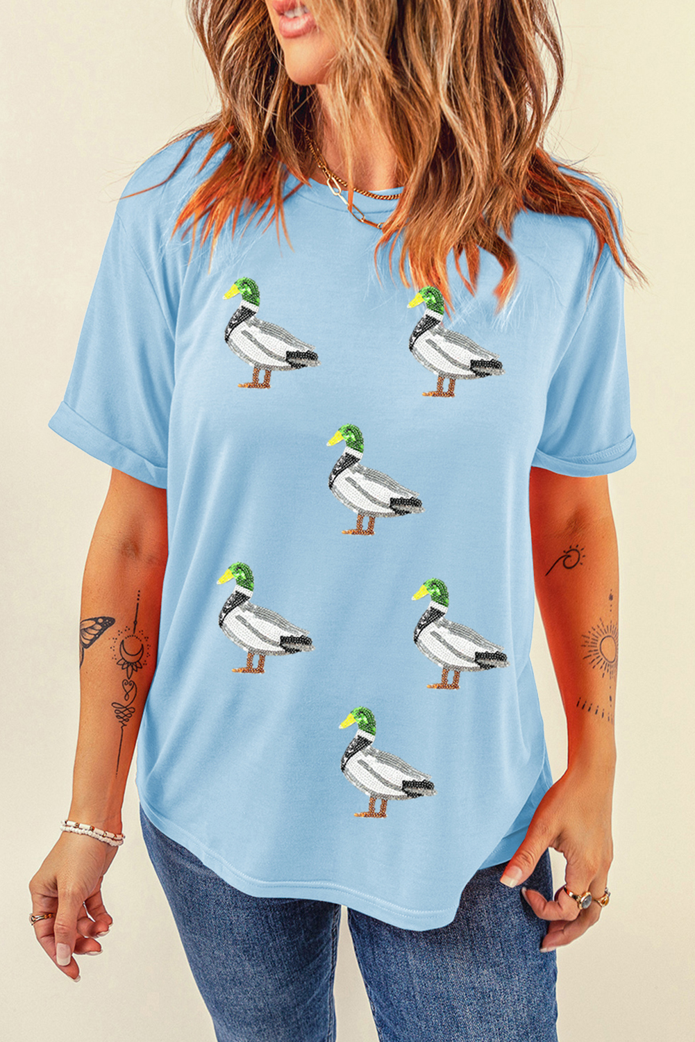 Light Blue Sequin Mallard Graphic Womens Casual Tee - loveforevers