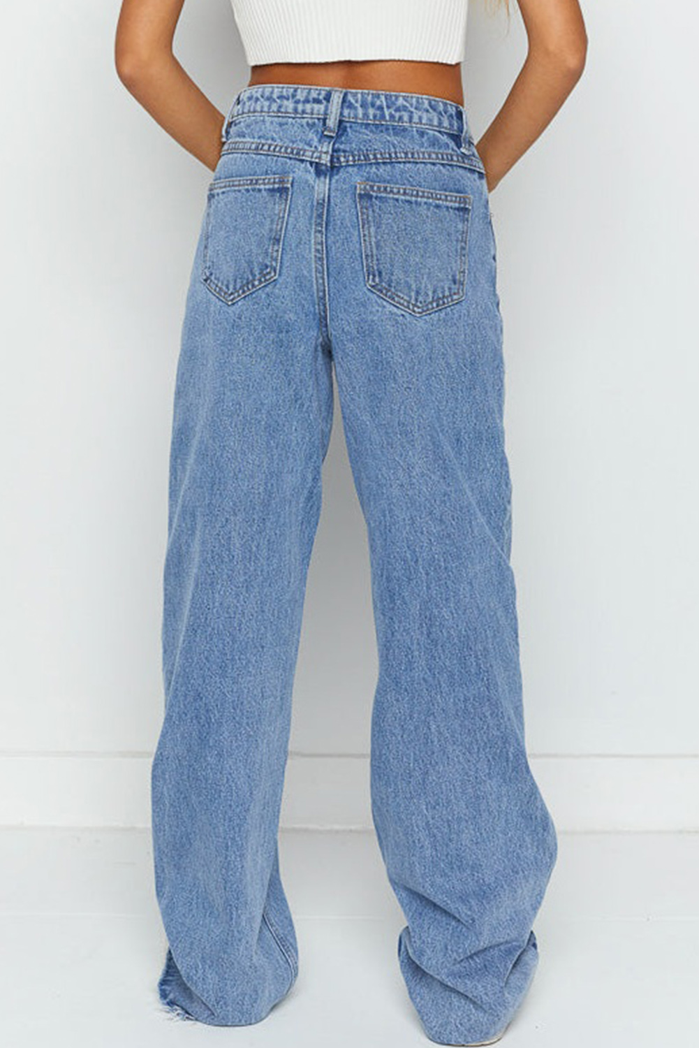 Blue Mid Rise Asymmetrical Waist Wide Leg Jeans - loveforevers