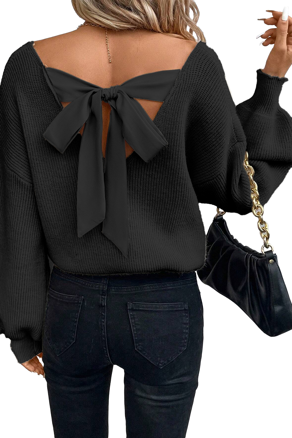 Racing Red Lantern Sleeve V Neck Knot Back Sweater - loveforevers